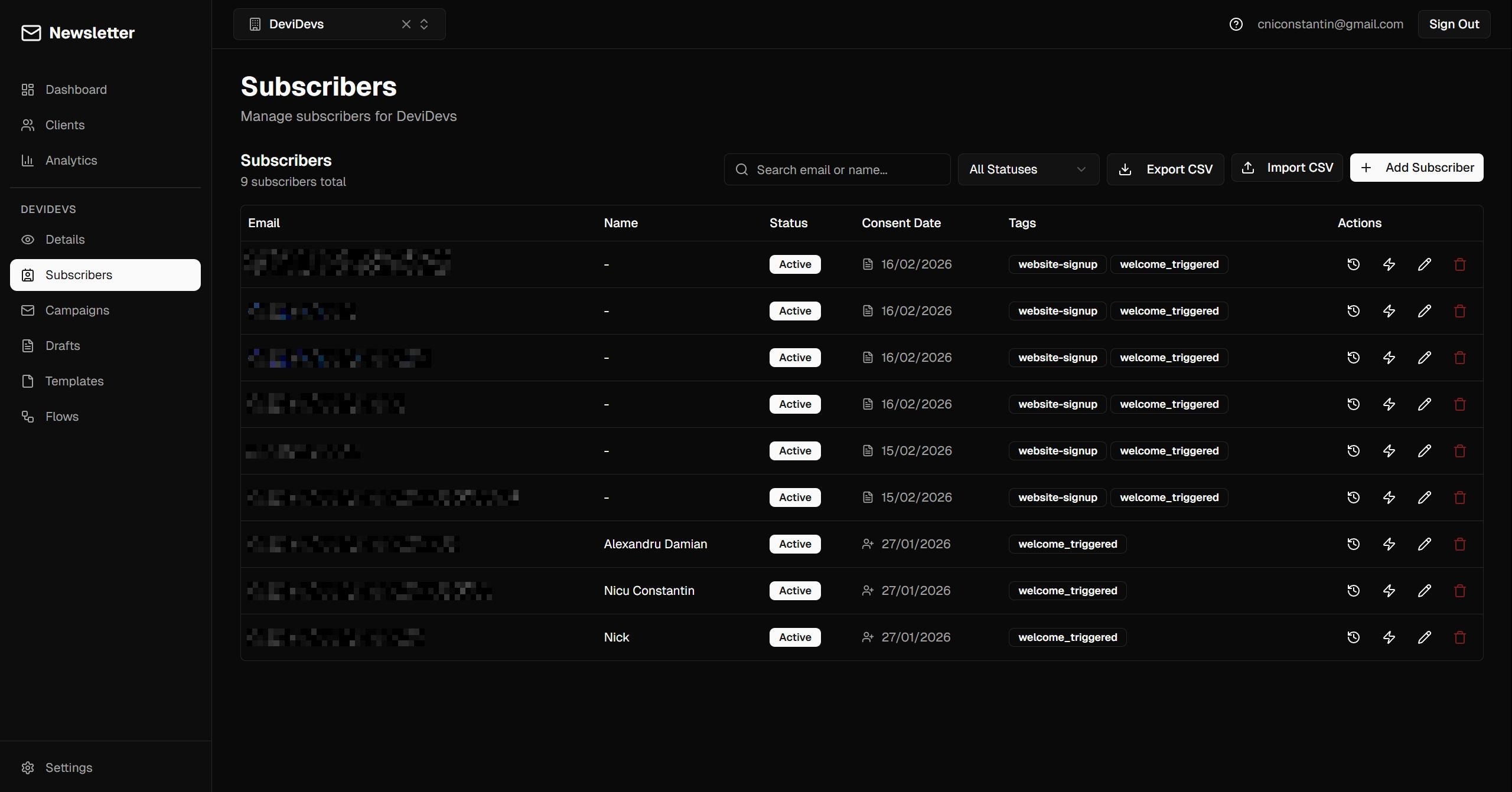 DeviDevs Platform — Subscribers: lista de abonați cu segmentare și statusuri