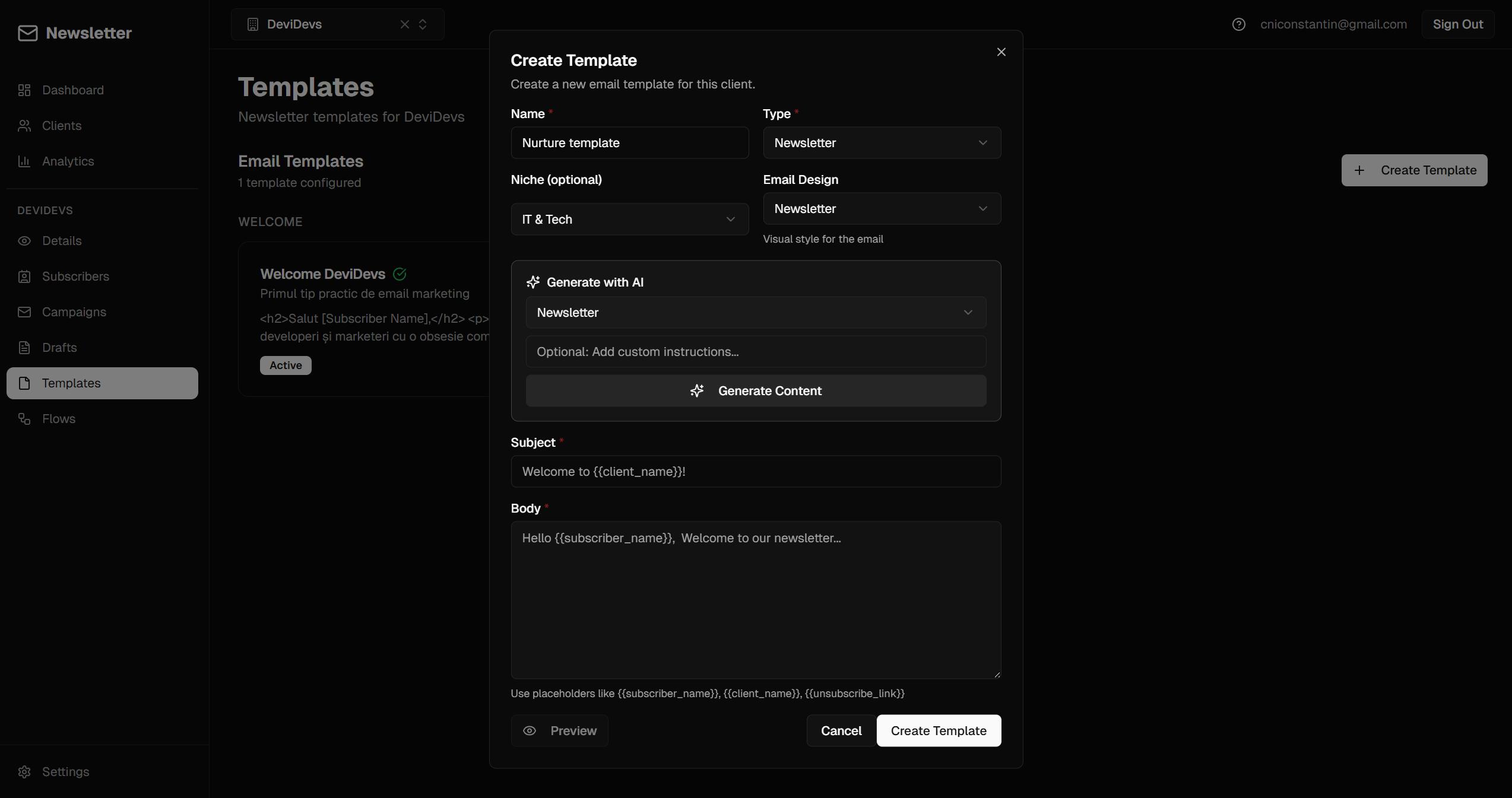 DeviDevs Platform — Templates: șabloane email profesionale